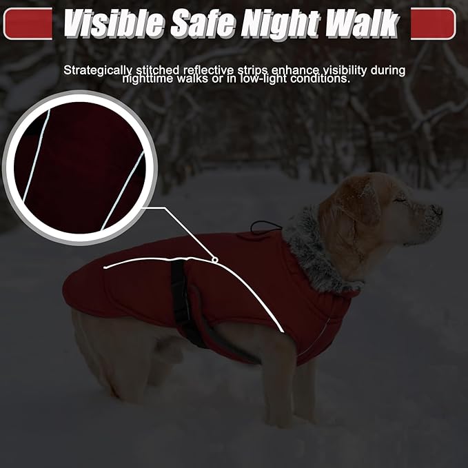 DENTRUN Winter Warm Dog Coat Reflective Jacket with Turtleneck for Cold Weather, Adjustable Buckle Windproof Water Repellent, Thick Snowsuit Fleece Vest for Small, Medium, Large Dogs, Red, XXL