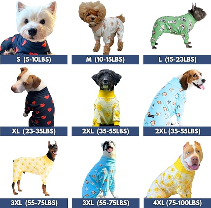 Spark Paws Dog Pajama, Dog Recovery Suit Male, Onesie, Ultra-Soft and 4-Way Stretch, for Small Medium and Large Breeds - Breakfast Blue - 3XL