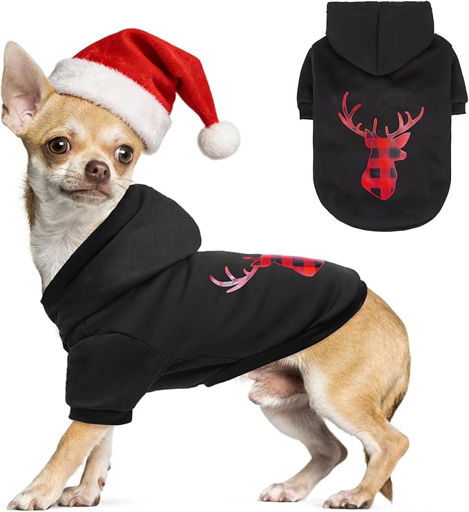 SCENEREAL Christmas Dog Hoodie with Leash Hole, Warm & Soft Fleece Pet Sweater & Sweatshirt for Small Medium Large Dogs, Xmas Elk Print Pets Clothes Cold Weather Costume, XS