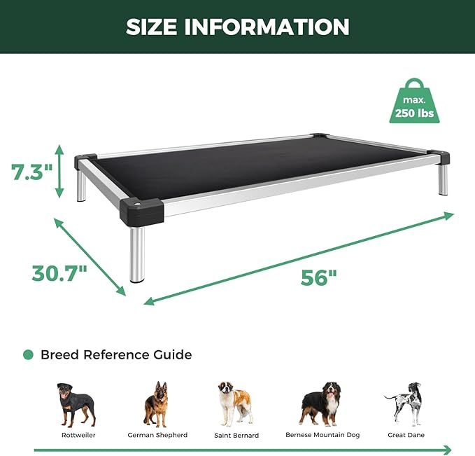 FXW TitanNest Chew-Proof Elevated Dog Bed, Raised Cot for Indoor/Outdoor/Camping Use, Durable & Washable Padded Pet Bed for Extra-Large Dogs, 56.0" L x 31.0" W x 7.3" H, Black