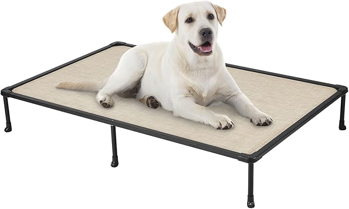 Veehoo Chewproof Elevated Dog Bed - Cooling Raised Pet Cot, Breathable Mesh, Washable & Non-Slip for Large Dogs, Indoor/Outdoor, Beige Coffee Mat and Black Frame, 59x37inches (Model CWC2203A03)