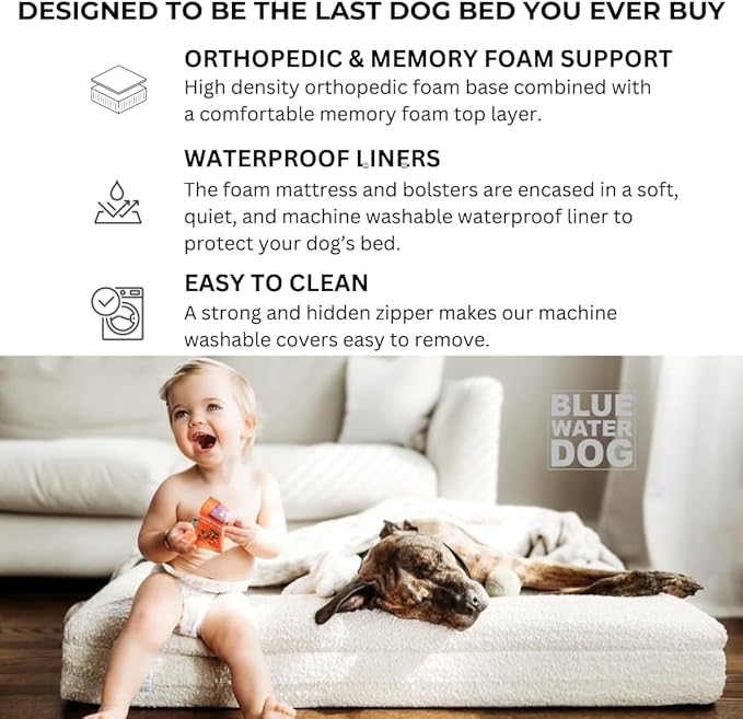 Bluewater Dog Luxury Boucle Orthopedic Memory Foam Dog Bed with Waterproof Liner and Machine Washable Cover with YKK Zippers (X-Large, 61" L x 44" W x 7" Th, Sand)