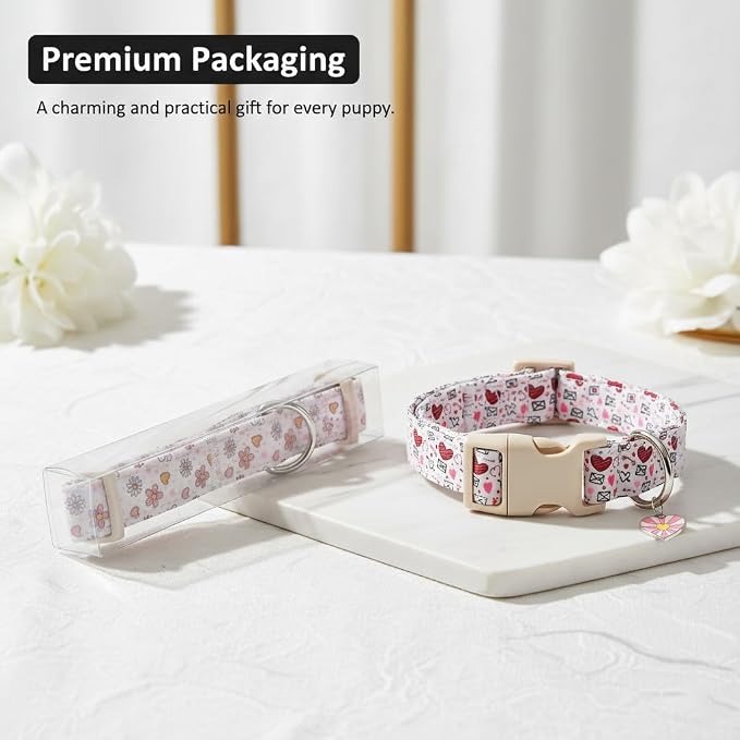 Dog Collar, Floral Girl Dog Collar with Pink Flowers, Cute Spring Summer Pattern for Girls Boys Small Medium Large Dogs, Soft Puppy Collar