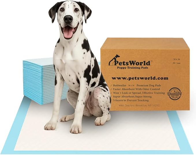 PETSWORLD Giant Dog Potty Pads, Odor-Eliminating, 36" x 36", Ultra Absorbent 5-Layer Leak-Proof Training Pads for Dogs & Cats (36x36, 50 Count)