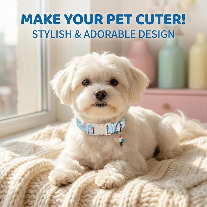 Small Dog Collar, Cute Dog Collar with Ice Cream Print and Charm for Girls Boys Dogs, Adjustable Blue Pet Collar for Small Dogs, Spring Summer Design Collar, S