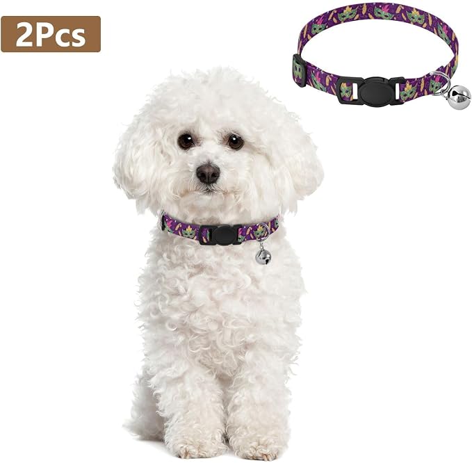 Colorful Mardi Gras Cat Collar with Bell 2 Pack Dog Collar Adjustable Length 10.6" to 17.1"
