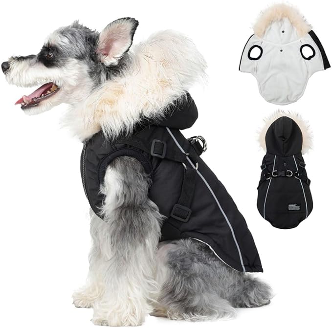 PINA Dog Coat with Built in Harness, Dog Jacket with Faux Fur Hood, Dogs Vest with Reflective Strap for Small Medium Large Dogs, Black, L