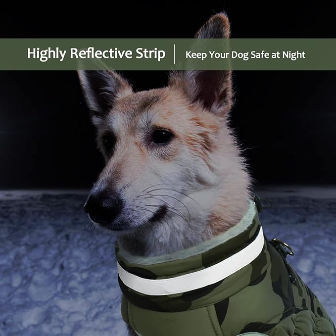 LeLePet Dog Coat, Windproof Camo Cold Weather Coat, Fleece Lined, Reflective, Adjustable, Turtleneck, Size S