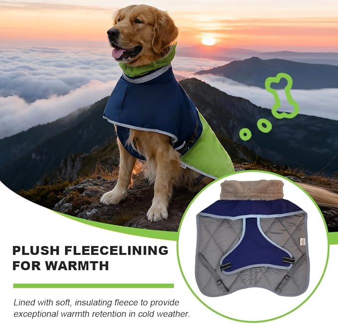 Waterproof Dog Winter Coat, Reflective Turtleneck Fleece Jacket with Snow Protection for Large Dogs, Cold Weather Pet Clothing (Green, 3XL)