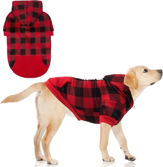 KOOLTAIL Dog Christmas Hoodie for Small Medium Large Dogs - Red Plaid Dog Christmas Outfit Sweater with Hat & Pocket for Cold Winter,Warm Soft Hooded Sweatshirt Clothes for Puppy Cats Girl Boy XL/XXL