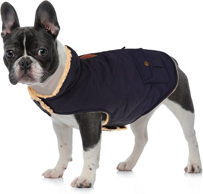 Queenmore Warm Puffer Dog Coat, Quilting Winter Jacket Ultra Thick Plush Lining with Storage Pockets (Dark Navy, Small)