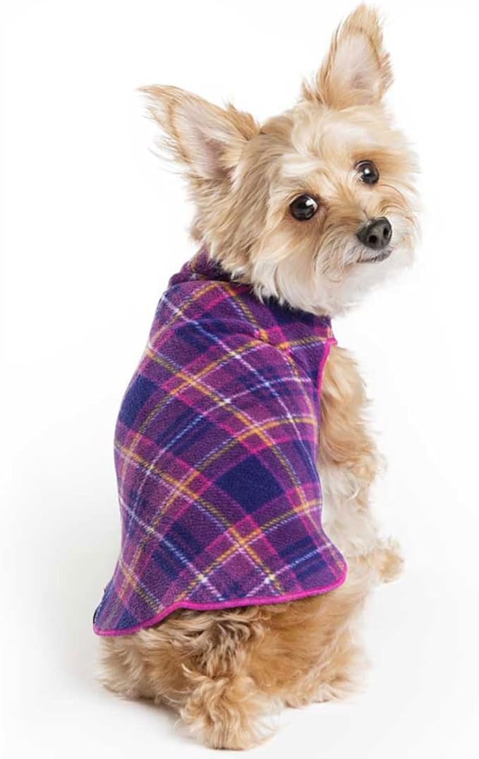 Goldpaw Stretchy Fleece Jacket for Small Dogs - Super Soft, Warm Dog Sweater - Pet Sweater Vest for Fall and Winter - Canine Clothes Made in The USA - Machine Washable - Mulberry Plaid - Size 16