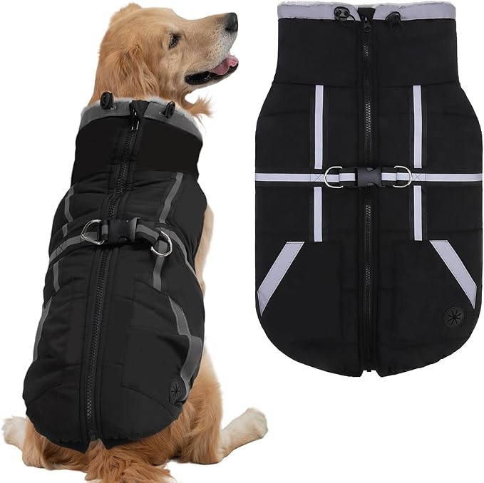 Mihachi Large Dog Coat with Harness Built in, Warm Dog Winter Coat with Pockets for Dogs, Waterproof Reflective Fleece Vest with Zipper, Pet Windproof Warm Cold Weather Jacket Snowsuit Outfit,Black XL
