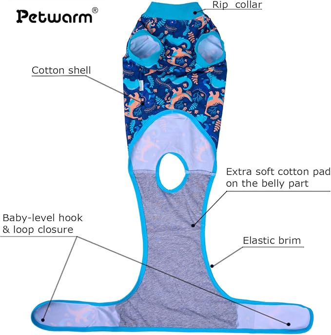 PetWarm Dog Surgery Suit, Recovery Suit for Dogs, Cone Alternative After Surgery Shirt for Dogs, Female Male Dog Onesie for Spay Neuter, Pet Recovery Shirt, Dinosaur Pattern, Green, L