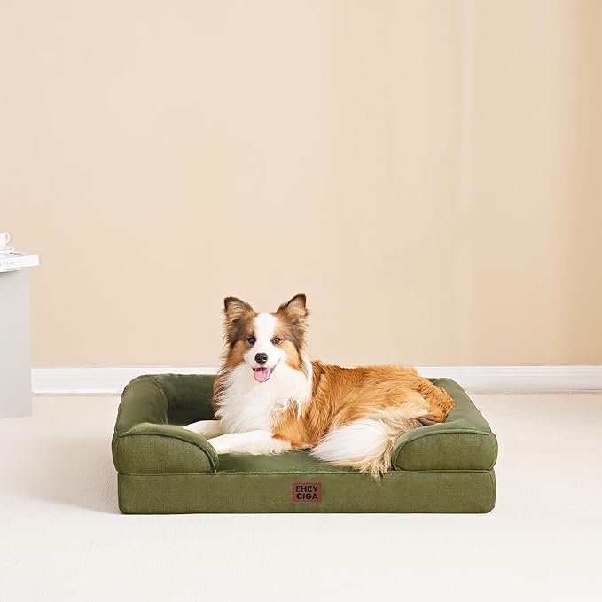 EHEYCIGA Orthopedic Dog Beds for Large Dogs, Waterproof Memory Foam Large Dog Bed with Sides, Non-Slip Bottom and Egg-Crate Foam Pet Couch Bed with Washable Removable Cover, Olive Green