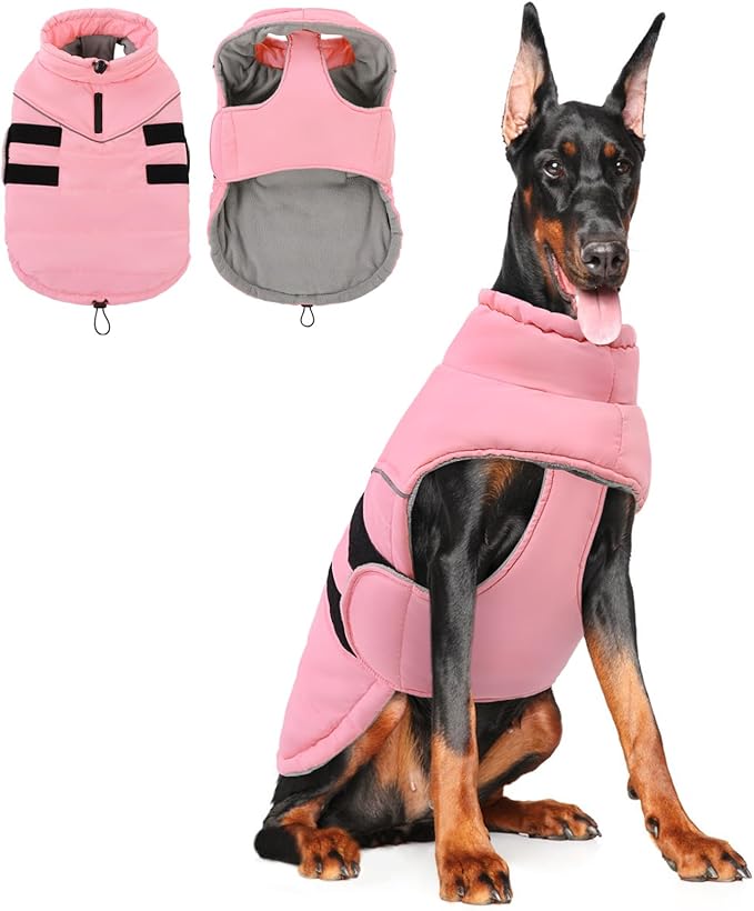 Peferhouse Dog Warm Winter Coat for Large Female Dogs, Pink 3XL, Windproof Reflective Jacket with Harness Hole
