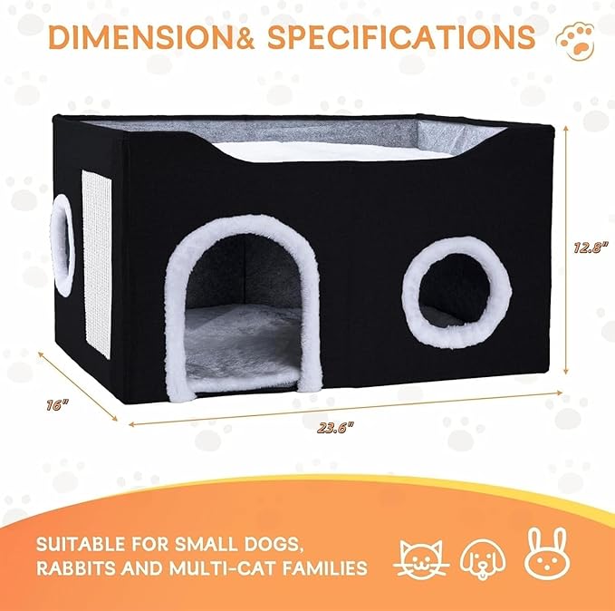Gosipeya Cat House for Indoor Cats – Foldable Cat Cave & Covered Cat Bed, Cozy Hideaway for Small Pets and Large Cats (23.6"x16"x12.8"),Black