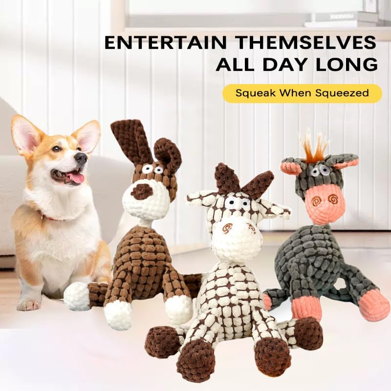 Interactive Plush Dog Chew Toy with Squeaky Rubber Ball, Cute Animal Printed Stuffed Pet Toy for Aggressive Chewers, Durable Eco-Friendly Puppy Teething Toy (White)