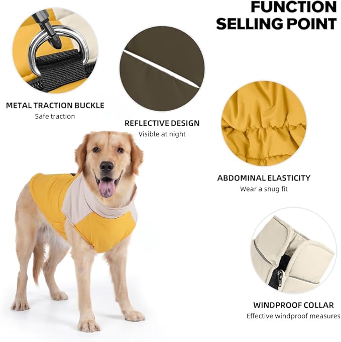 Dog Coat, Waterproof Dog Winter Jacket in Puppy Cold Weather Windproof Coats Reflective Pet Vest, Zip-Up Cold Weather Coats for Small Medium Dogs (Beige and Yellow, 4XL)