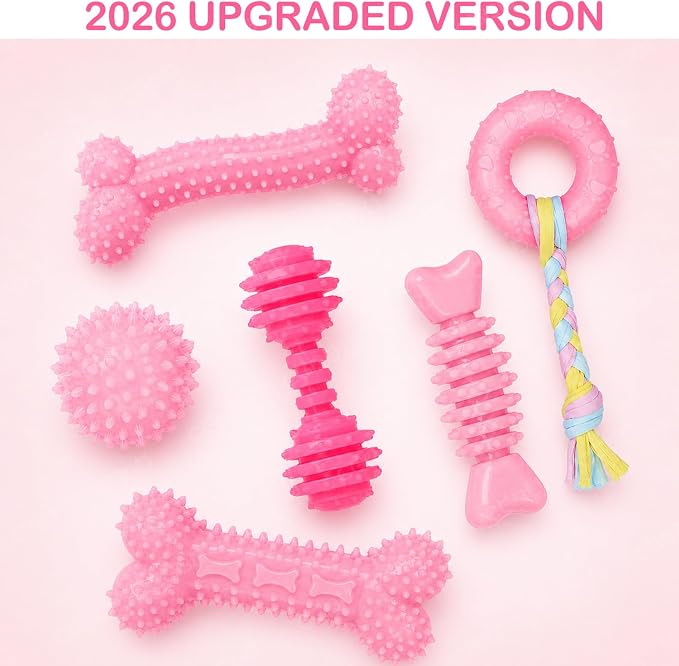 Puppy Toys, 6 Pack Dog Chew Toys for Puppy, Cute Pink Small Dog Toys, Puppy Teething Toys for Puppies, Soft Durable Interactive Chew Toy for Small Dogs