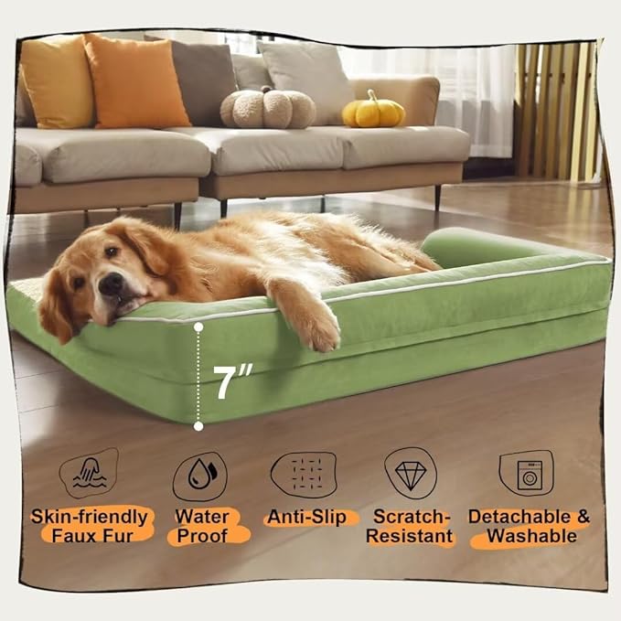 Large Dog Bed Orthopedic Washable - Beds Bolster - Extra Large Big Dogs - Memory Foam Couch Sofa - Waterproof with Removable Cover - Grass Green Dog Bed