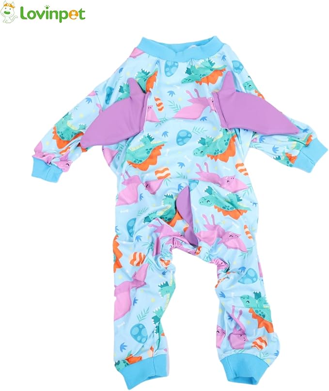 LovinPet Large Dog Pajamas, Four-Leg Stretch Onesie Bodysuit, Lightweight UV-Shielding Pajamas, Anti-Lick Calming Recovery Suit for Surgery, 3D Dino Wing Design with Soft Spikes， Blue Purple， XL