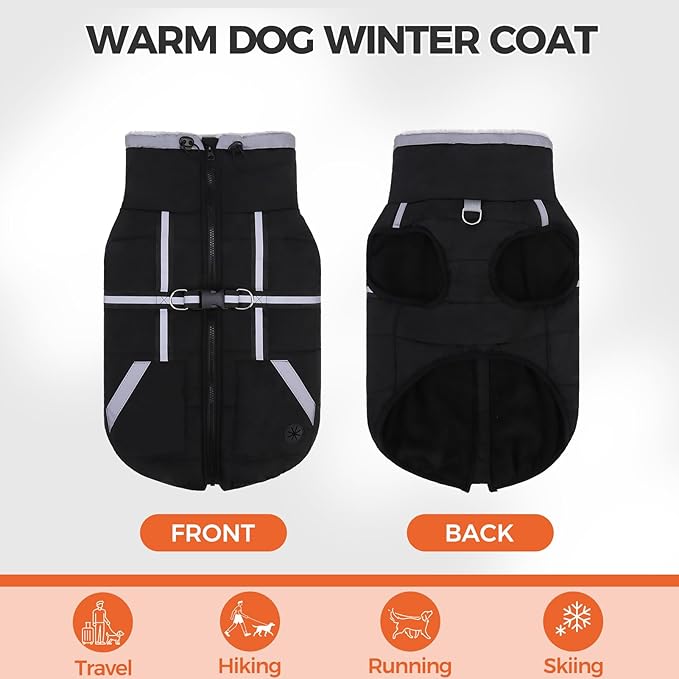 Mihachi Large Dog Coat with Harness Built in, Warm Dog Winter Coat with Pockets for Dogs, Waterproof Reflective Fleece Vest with Zipper, Pet Windproof Warm Cold Weather Jacket Snowsuit Outfit,Black L