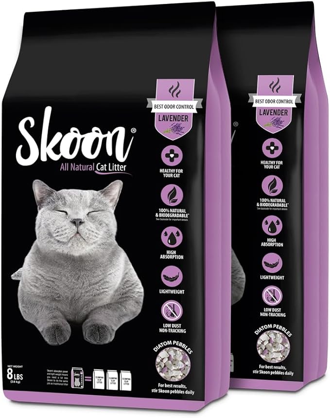 Skoon All Natural Cat Litter (2 Bags) - Lavender - Lightweight, Low Tracking, Non-Clumping Diatom Pebbles Absorb, Lock, and Seal Waste for Best Odor Control