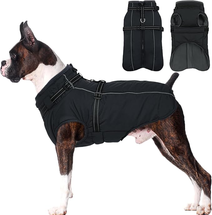 Lelepet Waterproof Dog Jacket with Harness Built in Warm Dog Winter Coat, Reflective Fleece Jacket, Dogs Coats for Lage Dogs, Thermal Turtleneck Pet Snowsuit for Cold Weather, French Bulldogs, Black L