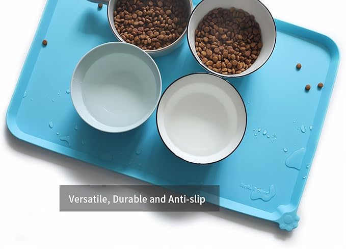 Hoki Found L Silicone Pet Food Mats - Non Slip Dog Cat Bowl Placemats - Waterproof Dog Cat Food Mats for Carpet - Arctic