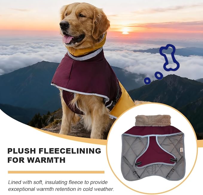 Waterproof Dog Winter Coat, Reflective Turtleneck Fleece Jacket with Snow Protection for Large Dogs, Cold Weather Pet Clothing (Yellow, 4XL)