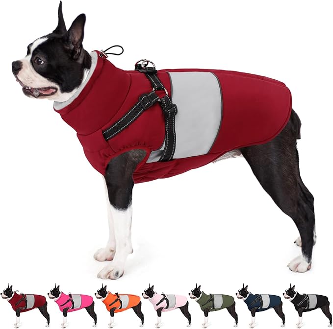 AOFITEE Dog Coat, Waterproof Dog Jacket Winter, Dogs Coat with Harness Built in, Warm Dogs Puffer Jacket with Zipper, Reflective Pet Snowsuit Sweater for Dachshund, French Bulldog, Boston Terrier, M