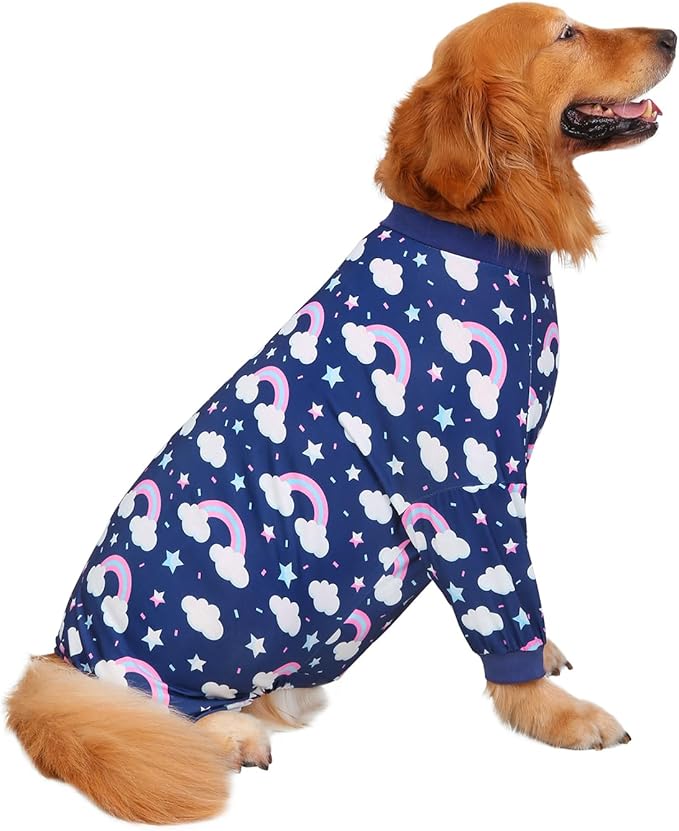 HDE Dog Pajamas One Piece Jammies Jumpsuit Pet Clothes Outfit Stretchy Lightweight Comfy Shirt Pjs for M-3XL Dogs Rainbows - 3XL