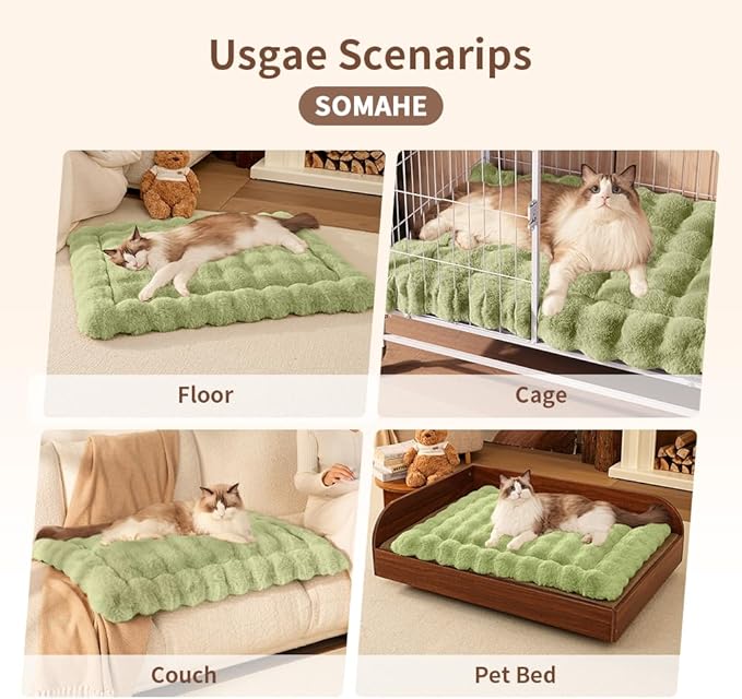 SOMAHE Self-Warming Cat Bed, Plush Faux Fur Pet Bed Mat with Anti-Slip Bottom, Ultra Soft Heated Pad for Cats & Kittens, Cozy Fluffy Bed for Window & Sills Couches, Machine Washable, 23x15 Inch Green