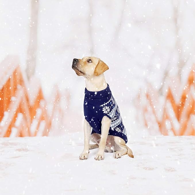 KOOLTAIL Cable Knit Dog Sweater Turtleneck, Cold Weather Pullover Classic Knitwear, Snowflake Pattern Thick Warm Winter Pet Clothes, Dog Christmas Sweater for Small Medium Large Dogs Cats, Navy Blue L