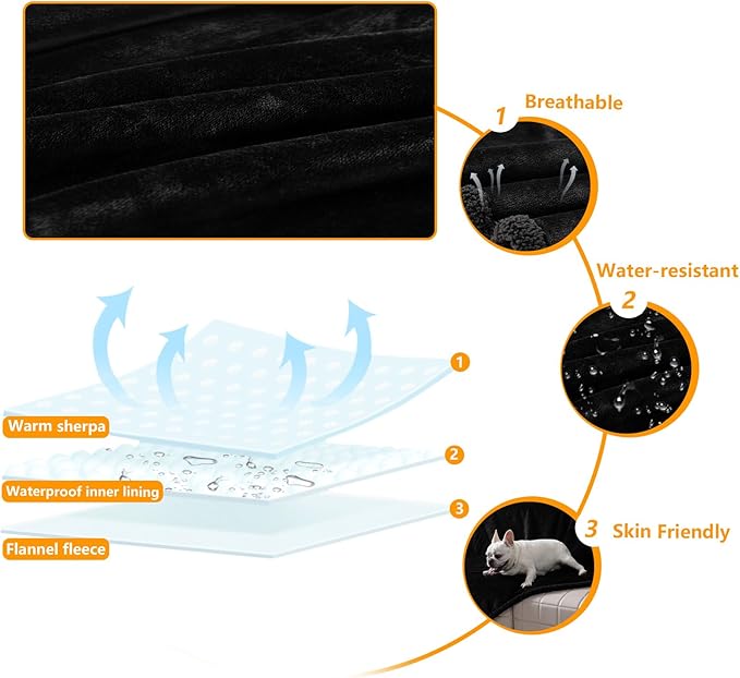 Maidewow Waterproof Pet Blankets for Medium Dogs Small Cats Black Calming Pets Sherpa Blanket Fluffy Bed Sofa Couch Covers Puppy Leakproof Washable Cover for Warm-Black,M-57x40in