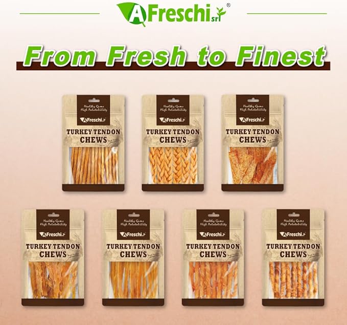 AFreschi Turkey Tendons for Dogs, USA-Sourced, Healthy Dog Treats, Rawhide-Free Puppy Chews, Long Lasting, All Natural, Hypoallergenic Dog Treats, Classic Series, Coil (L), 3 oz Pack