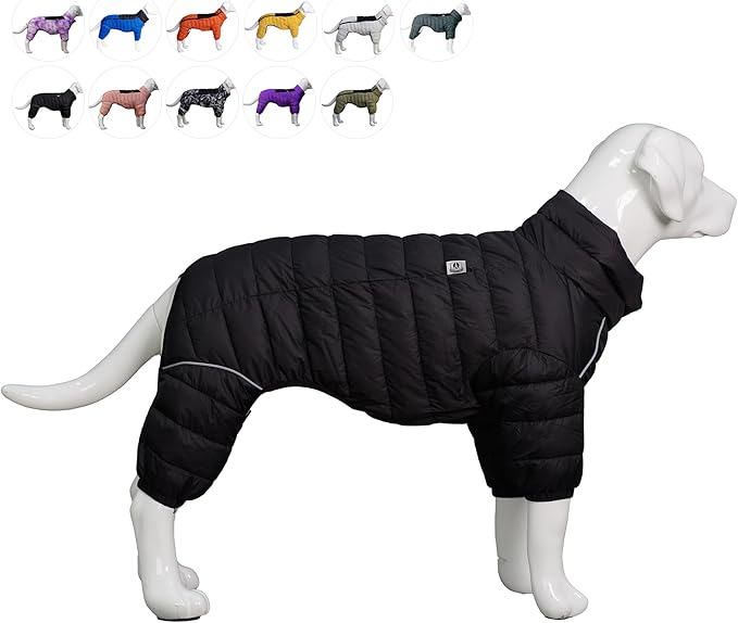 Warm Dog Coat, 4 Legs Covered Waterproof Windproof Reflective Vest, Zippered Adjustable Outdoor Snow Jacket for Small Medium Large Dogs Black L
