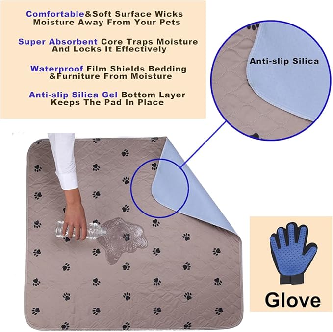 Washable Dog Pee Pads with Puppy Grooming Gloves,Puppy Pads,Reusable Pet Training Pads,Waterproof Pet Pads for Dog Bed Mat,Super Absorbing Whelping Pads