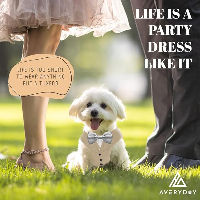 AVERYDAY Dog Tuxedo for Wedding Outfit, Dog Suit and Tie Costumes for Birthday, Halloween, Cosplay, Christmas Party, Pet Formal Wear with Bowtie, Tux for Small Dogs, Chihuahua, Bichon, Maltese, Cats