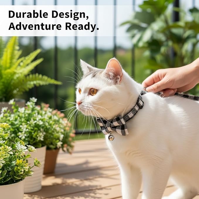 Plaid Breakaway Cat Collar with Bell & Removable Bow Tie – Cotton Kitten Collar with Bells for Boy Cats or Small Dogs. Adjustable Size 8-13.2in (Navy)
