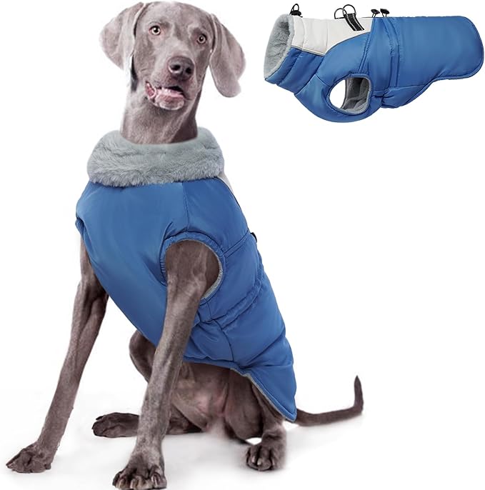ROZKITCH Dog Jacket for Cold Weather, Dog Coat for Autumn Winter with Turtleneck, Pet Clothes with Adjustable Buckles, Soft Warm Pet Clothing with Reflective Strip for Medium Large Dogs Blue 3XL