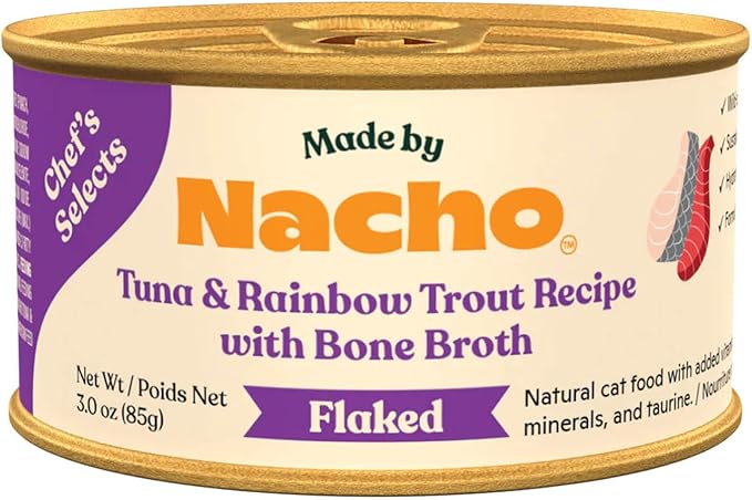 Made by Nacho Flaked Filets Recipe in Bone Broth, Grain-Free Chef's Selects Wet Food for Cats Balanced Diet in Naturally Hydrating Pumpkin-Infused Broth (3.0 oz (Pack of 12), Tuna & Rainbow Trout)