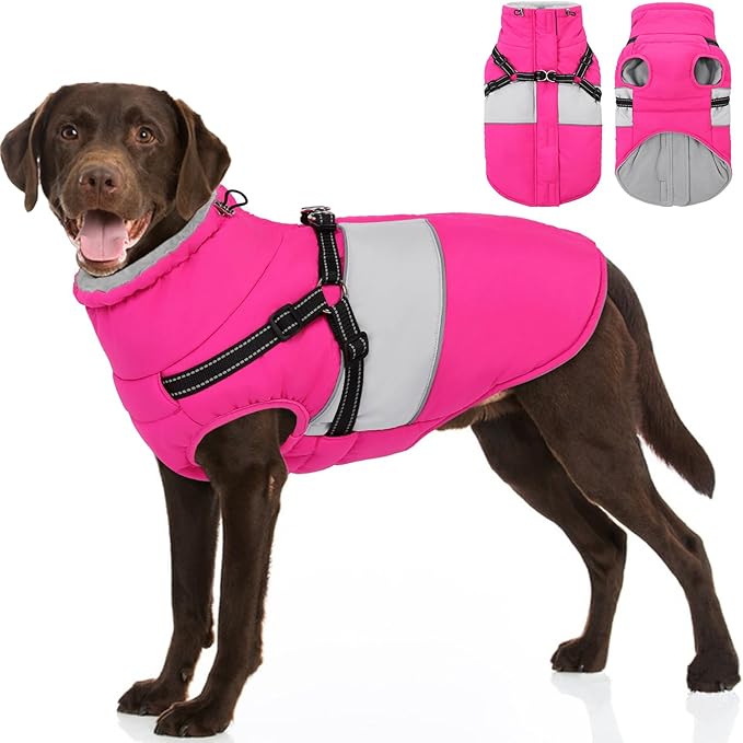 SUNFURA Dog Coat for Large Dogs, Warm Pet Jacket Winter with Harness Built in, Waterproof Pet Snow Jacket with Furry Collar, Reflective Fleece Snowsuit for Extra Large Dogs, Hot Pink XL