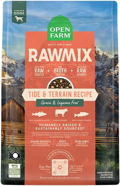 Open Farm, RawMix Grain-Free Dry Dog Food, Protein-Packed Kibble Coated in Bone Broth with Freeze Dried Raw Chunks, Pollock Beef & Salmon, Tide & Terrain Recipe, 20lb Bag