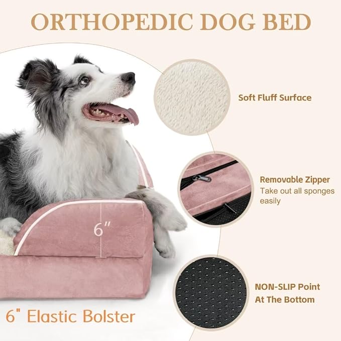 Comfort Expression Orthopedic Dog Bed for Extra Large Dogs 53x42 Inch, Waterproof Supportive Egg Crate Foam XXL Pet Bed with Removable Bolsters, Dog Couch with Washable Cover & Non-Slip Bottom, Pink