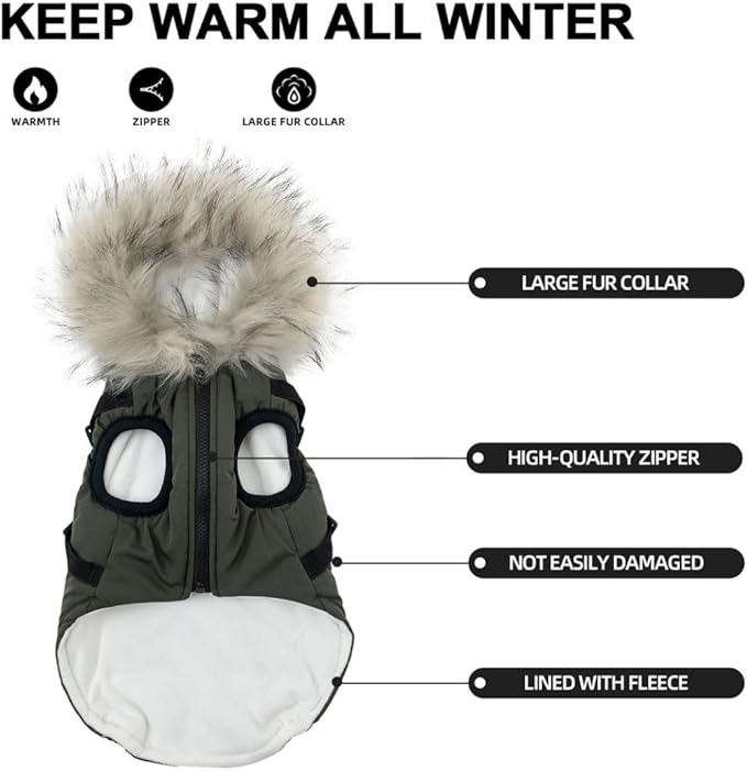 PINA Dog Coat with Built in Harness, Dog Jacket with Faux Fur Hood, Dogs Vest with Reflective Strap for Small Medium Large Dogs, Green, M