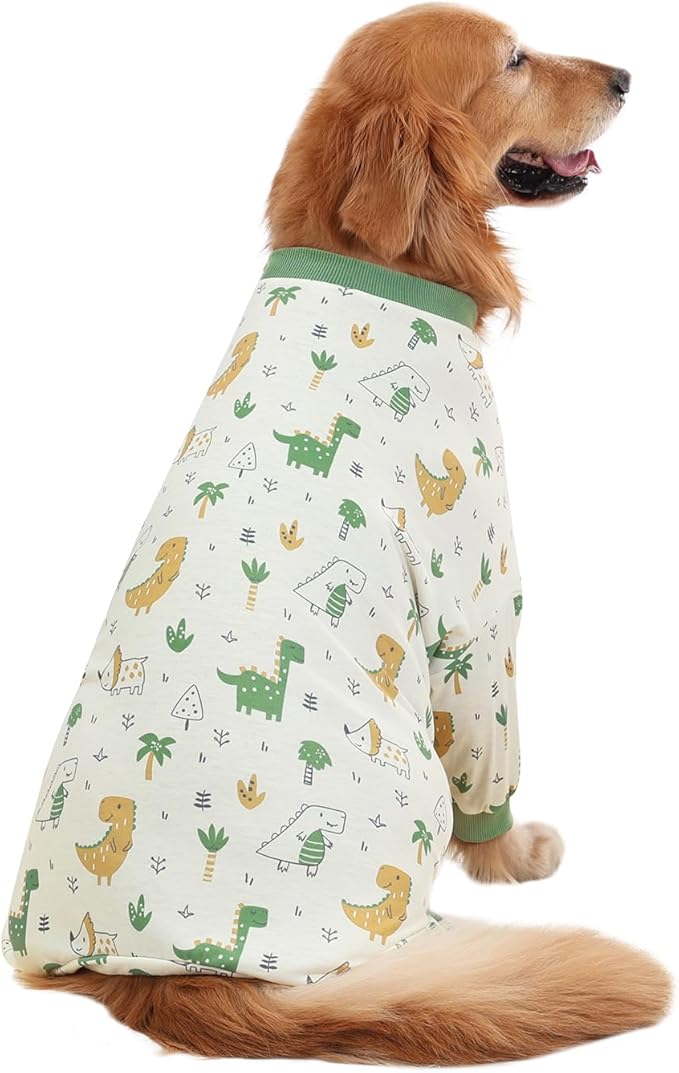 HDE Dog Pajamas One Piece Jammies Jumpsuit Pet Clothes Outfit Stretchy Lightweight Comfy Shirt Pjs for M-3XL Dogs Forest Dinos - L