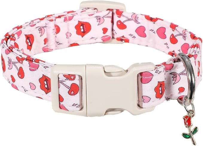 Dog Collar for Medium Dogs, Girl Dog Collars with Kisses Pattern, Cute Pet Collar with Soft Fabric and Quick Release Buckle, Adjustable for Medium Dogs