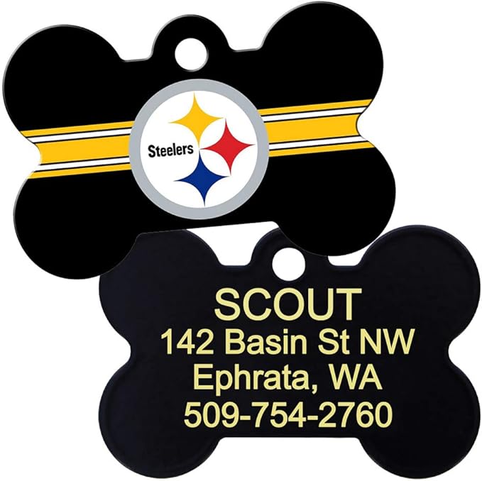 GoTags Personalized Pittsburgh Steelers Dog Tag, Brass Metal Bone Shape Pet ID Tag Engraved with Name and Custom Text, Every NFL Football Team Pet Apparel (Large)